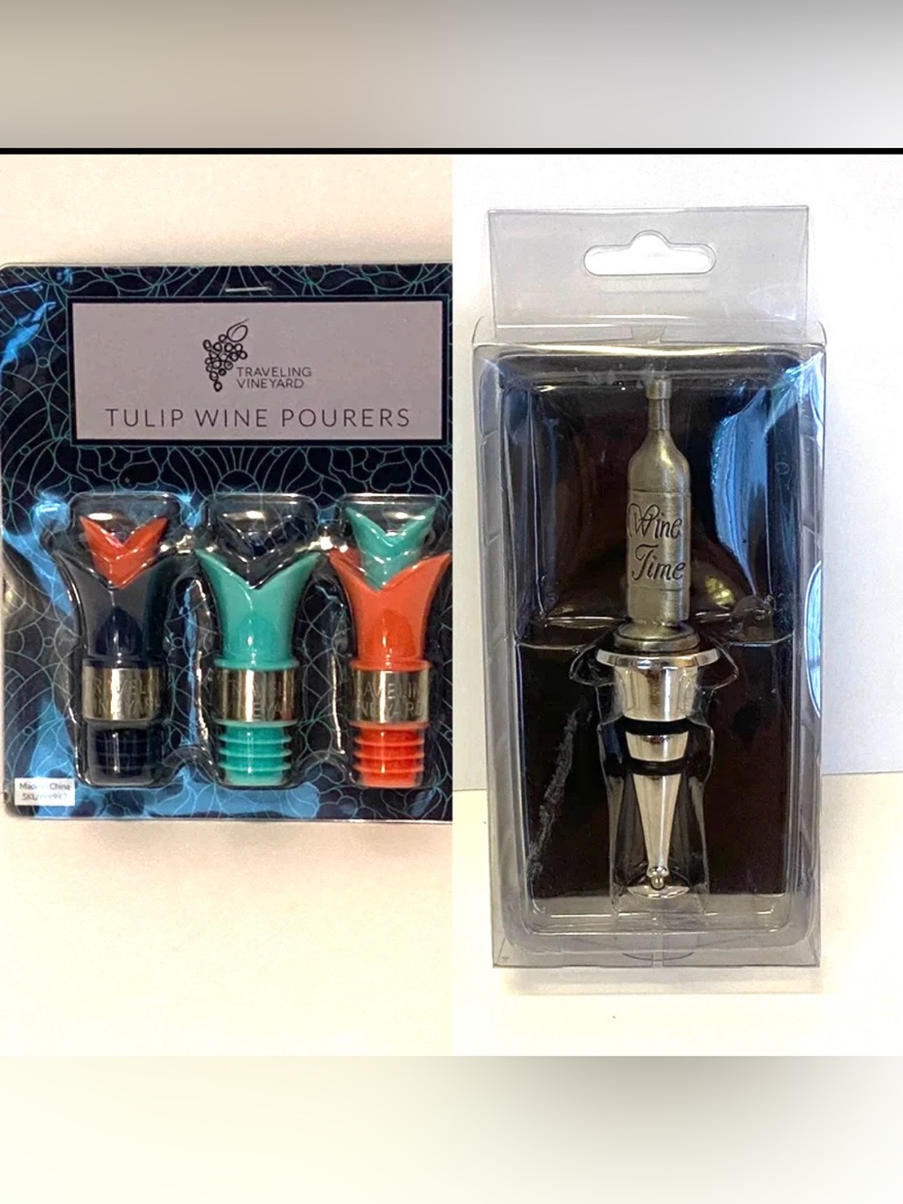 Wine Lover Gift Set Tulip Wine Pourers & “Wine Time” Bottle Stopper 31